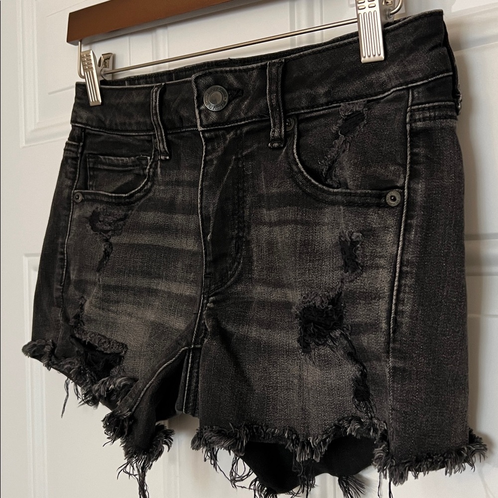 AE Distressed Black Denim Shorts-MIDI